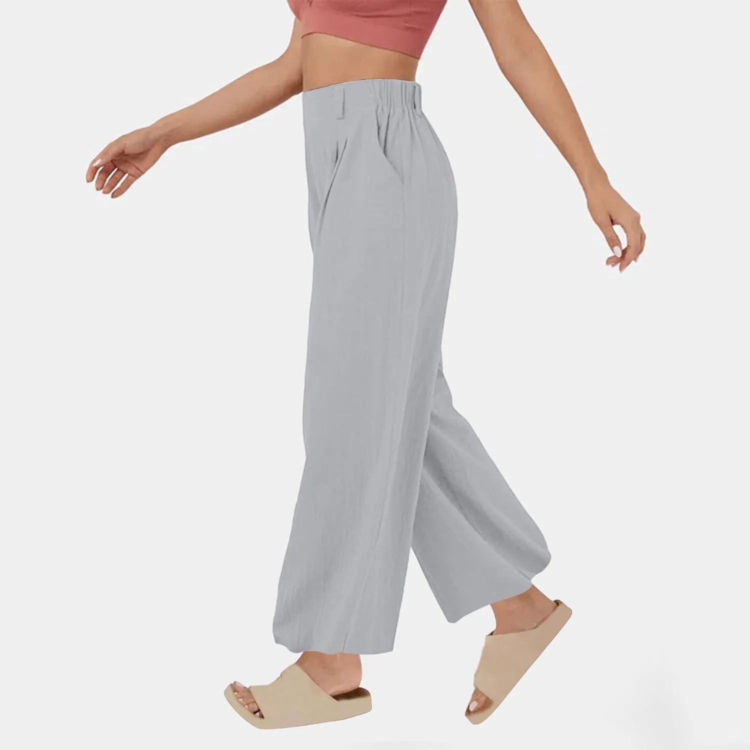 Linen Pants Women Linen Wide Leg Work Pant Casual Loose Linen Pants Solid Color Linen Capris Pant Trouser with Pockets
