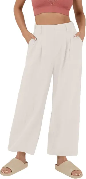 Linen Pants Women Linen Wide Leg Work Pant Casual Loose Linen Pants Solid Color Linen Capris Pant Trouser with Pockets