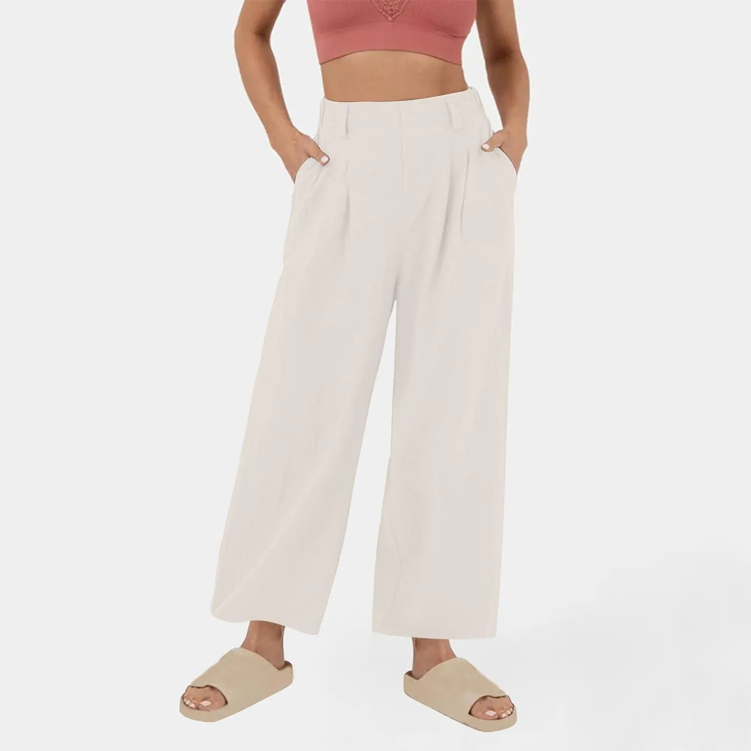 Linen Pants Women Linen Wide Leg Work Pant Casual Loose Linen Pants Solid Color Linen Capris Pant Trouser with Pockets