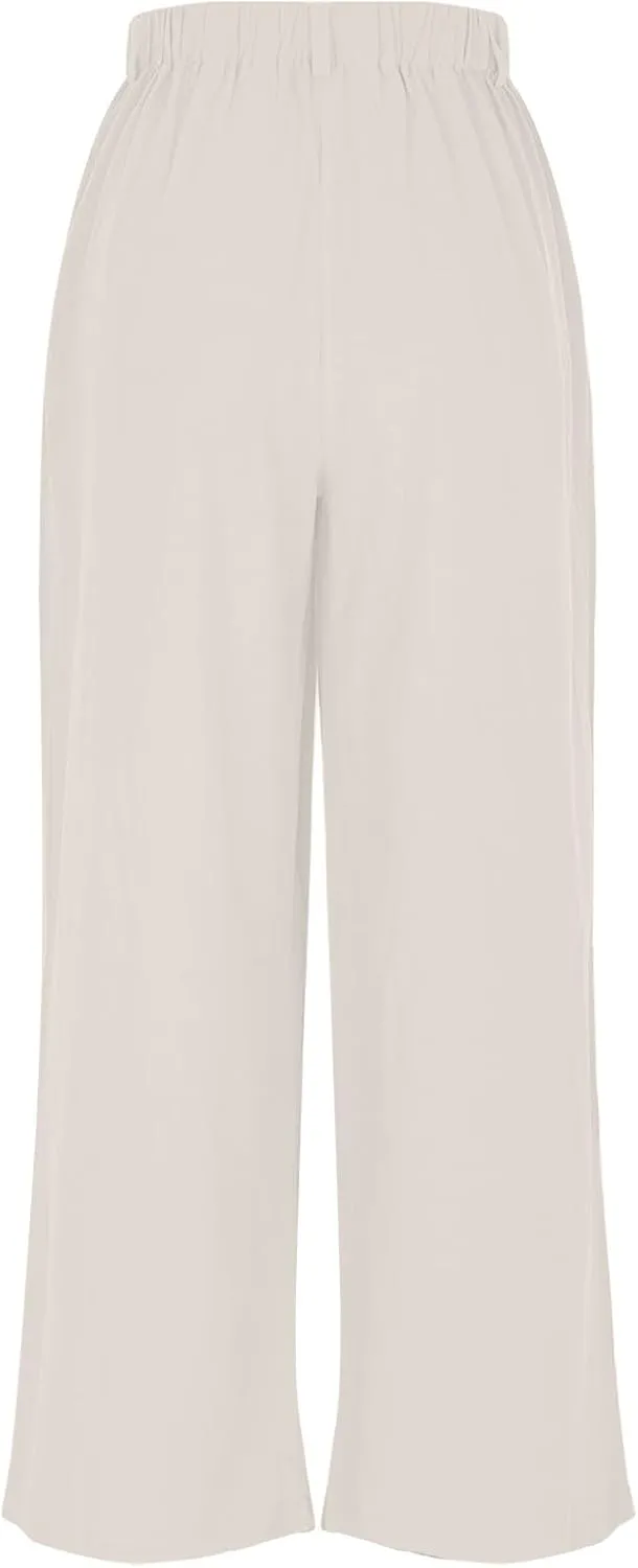 Linen Pants Women Linen Wide Leg Work Pant Casual Loose Linen Pants Solid Color Linen Capris Pant Trouser with Pockets