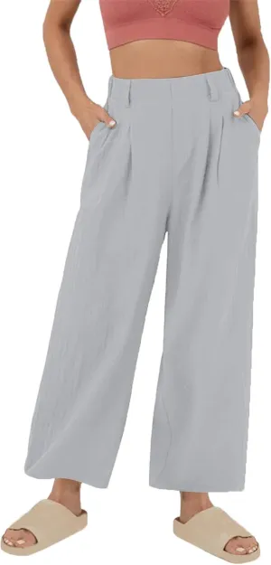 Linen Pants Women Linen Wide Leg Work Pant Casual Loose Linen Pants Solid Color Linen Capris Pant Trouser with Pockets