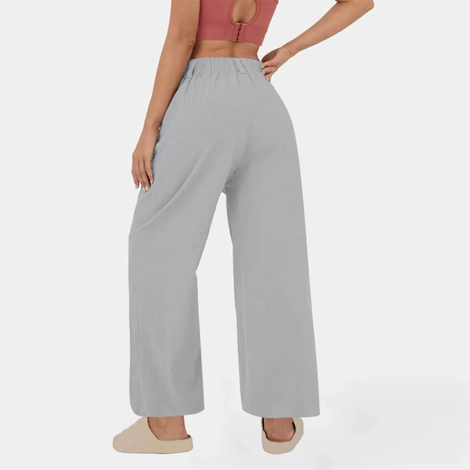 Linen Pants Women Linen Wide Leg Work Pant Casual Loose Linen Pants Solid Color Linen Capris Pant Trouser with Pockets