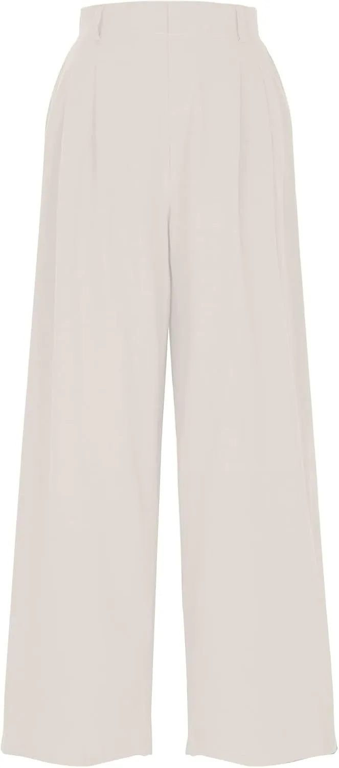 Linen Pants Women Linen Wide Leg Work Pant Casual Loose Linen Pants Solid Color Linen Capris Pant Trouser with Pockets