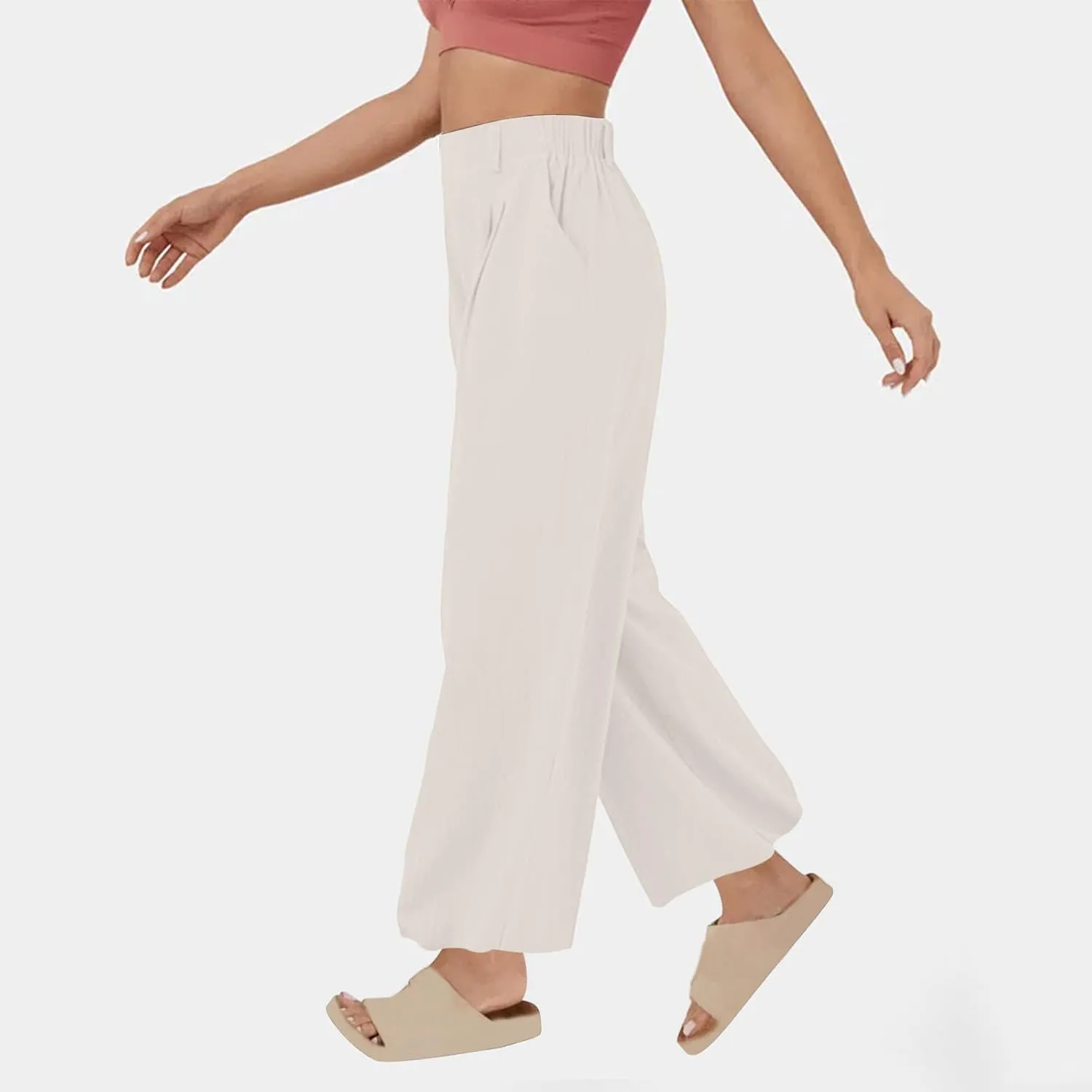 Linen Pants Women Linen Wide Leg Work Pant Casual Loose Linen Pants Solid Color Linen Capris Pant Trouser with Pockets