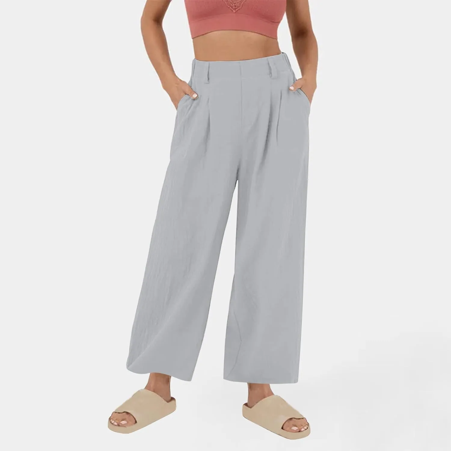 Linen Pants Women Linen Wide Leg Work Pant Casual Loose Linen Pants Solid Color Linen Capris Pant Trouser with Pockets