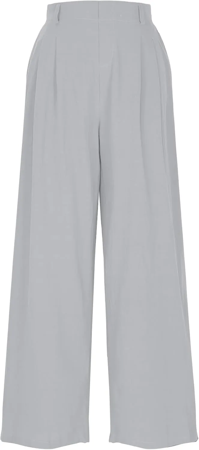 Linen Pants Women Linen Wide Leg Work Pant Casual Loose Linen Pants Solid Color Linen Capris Pant Trouser with Pockets
