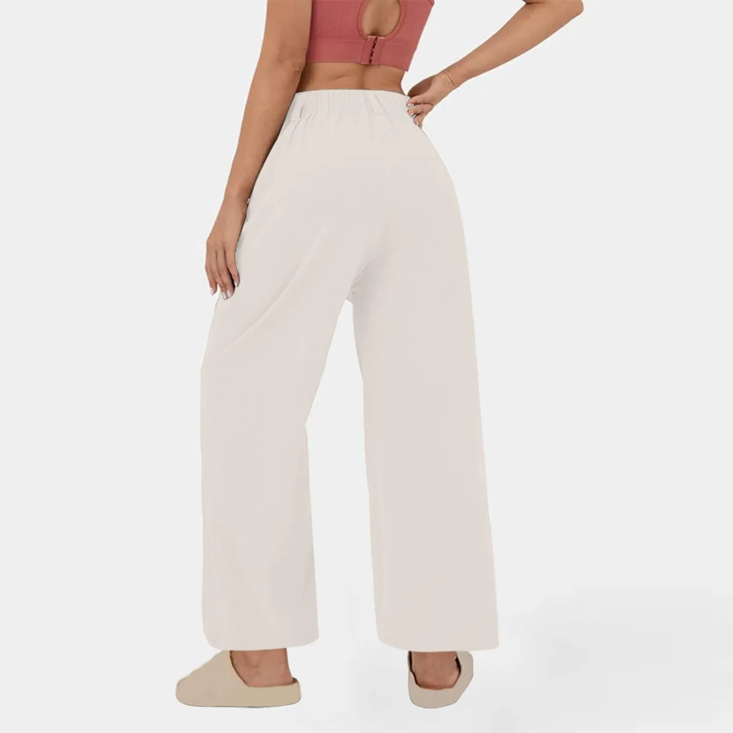 Linen Pants Women Linen Wide Leg Work Pant Casual Loose Linen Pants Solid Color Linen Capris Pant Trouser with Pockets