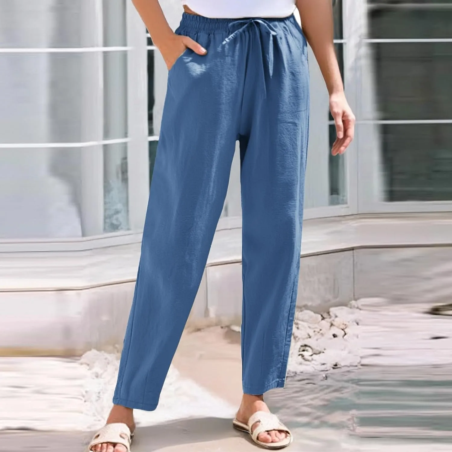 Linen Pants Women Summer Straight Leg Drawstring Palazzo Pants High Elastic Waist Trousers with Pockets