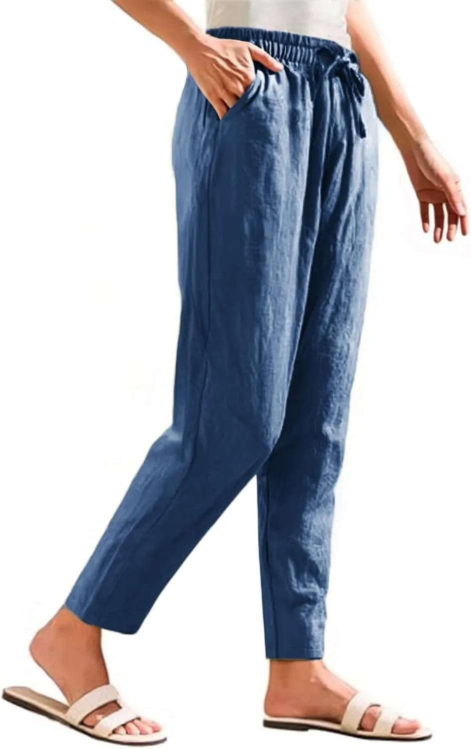 Linen Pants Women Summer Straight Leg Drawstring Palazzo Pants High Elastic Waist Trousers with Pockets