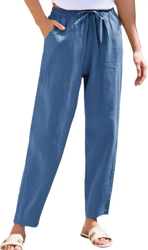 Linen Pants Women Summer Straight Leg Drawstring Palazzo Pants High Elastic Waist Trousers with Pockets