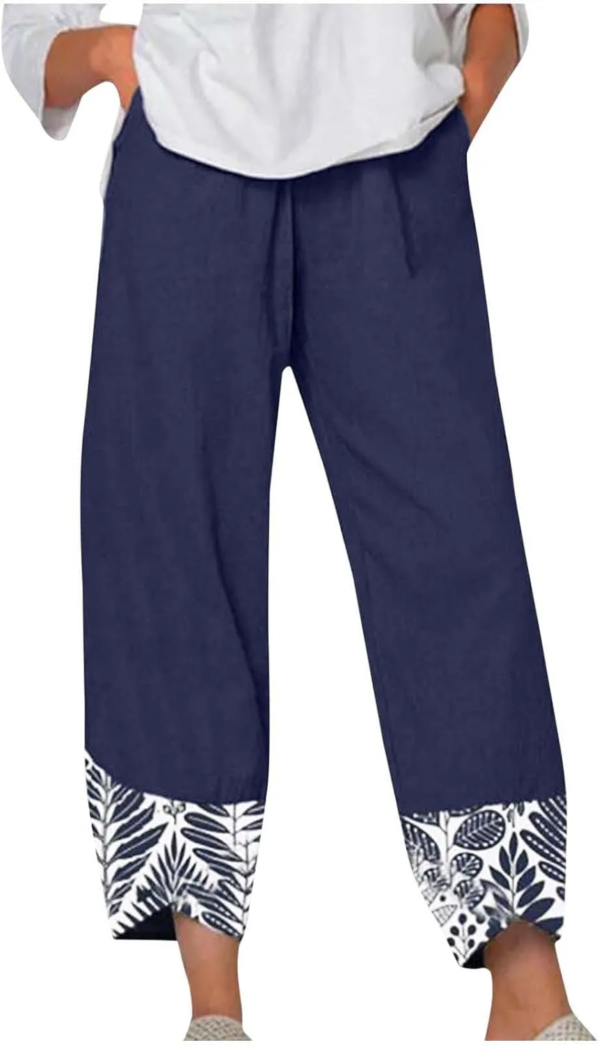 Linen Pants Women Summer Trendy Casual Pants Elastic Waisted Spliced Printed Loose Fit Lounge Trousers with Pockets