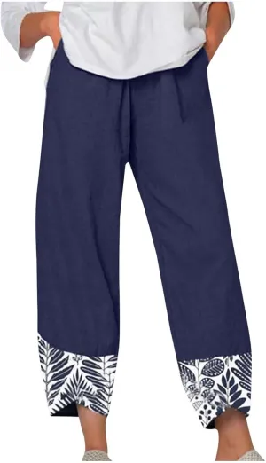 Linen Pants Women Summer Trendy Casual Pants Elastic Waisted Spliced Printed Loose Fit Lounge Trousers with Pockets