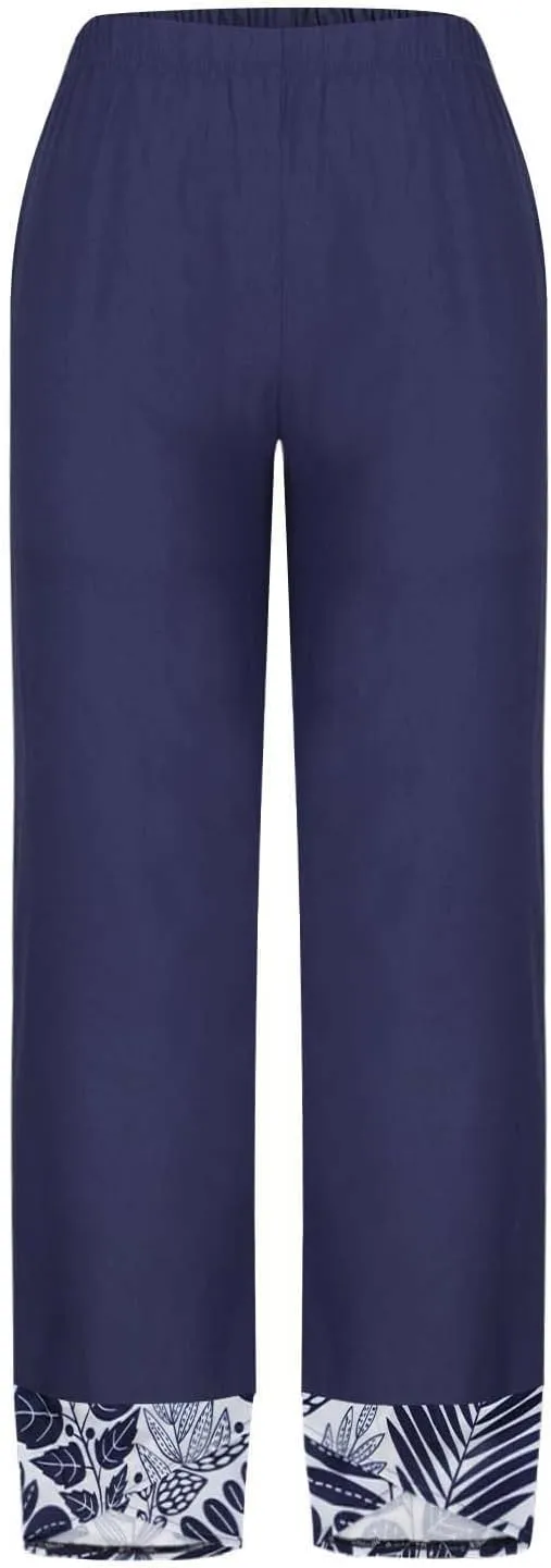 Linen Pants Women Summer Trendy Casual Pants Elastic Waisted Spliced Printed Loose Fit Lounge Trousers with Pockets