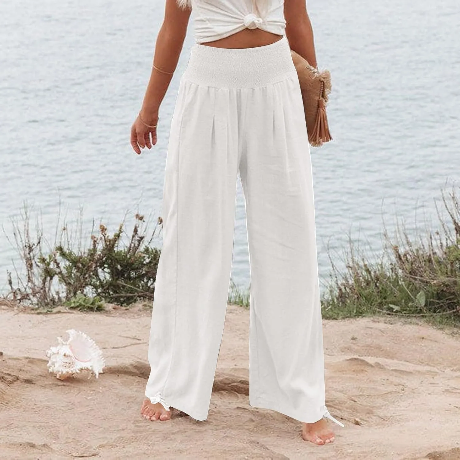 Linen Pants Women Tall High Waist Wide Leg Palazzo Boho Flowy Pants Summer Beach Vacation Lounge Trouser with Pockets
