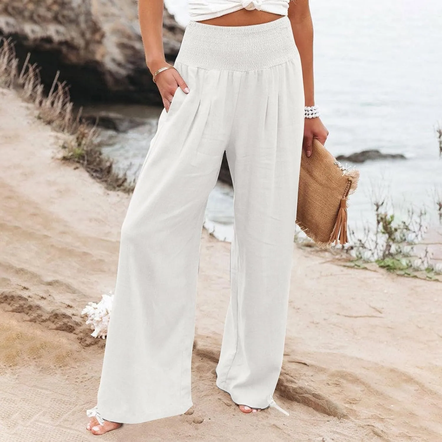 Linen Pants Women Tall High Waist Wide Leg Palazzo Boho Flowy Pants Summer Beach Vacation Lounge Trouser with Pockets