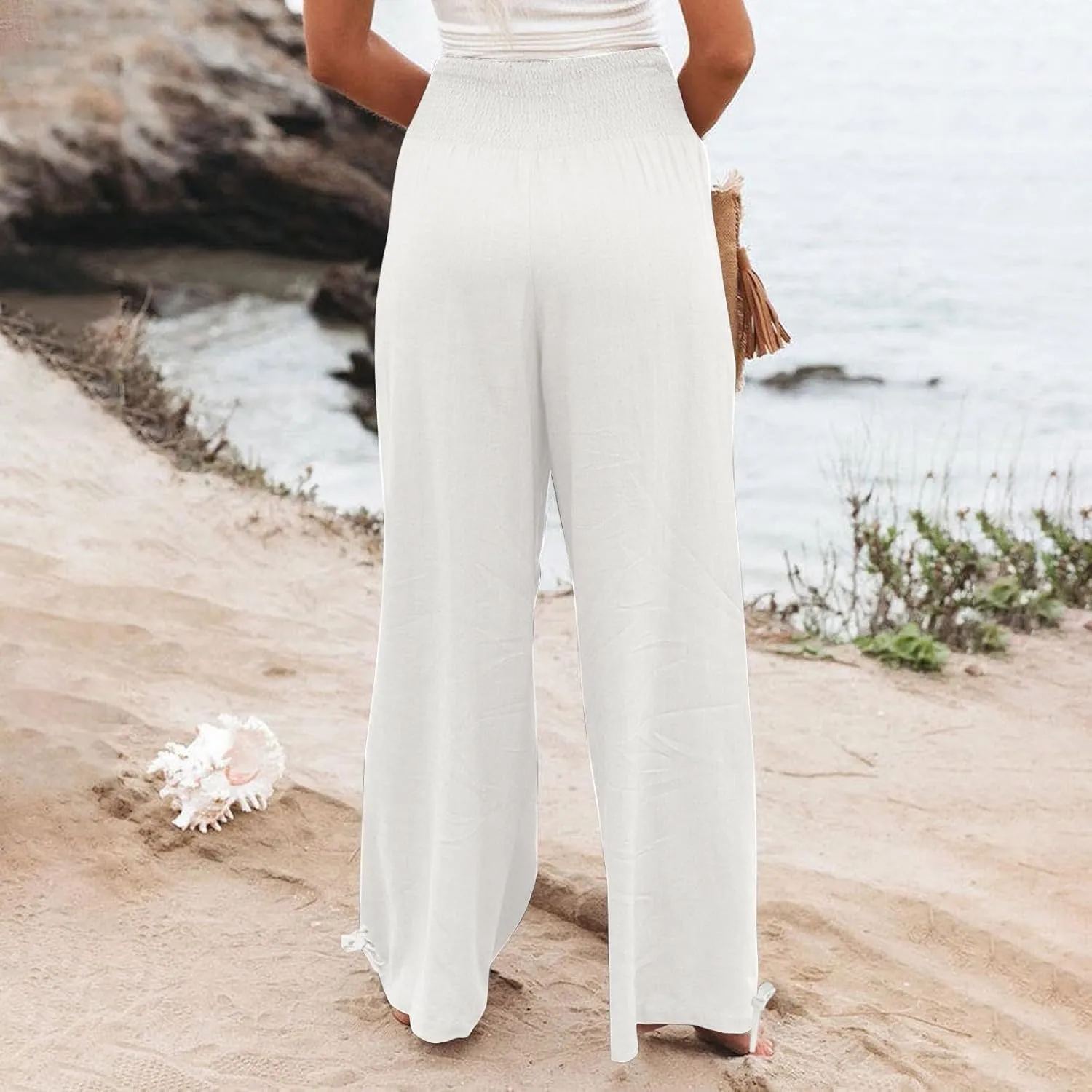 Linen Pants Women Tall High Waist Wide Leg Palazzo Boho Flowy Pants Summer Beach Vacation Lounge Trouser with Pockets