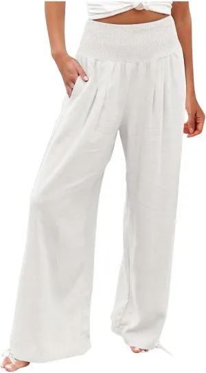 Linen Pants Women Tall High Waist Wide Leg Palazzo Boho Flowy Pants Summer Beach Vacation Lounge Trouser with Pockets