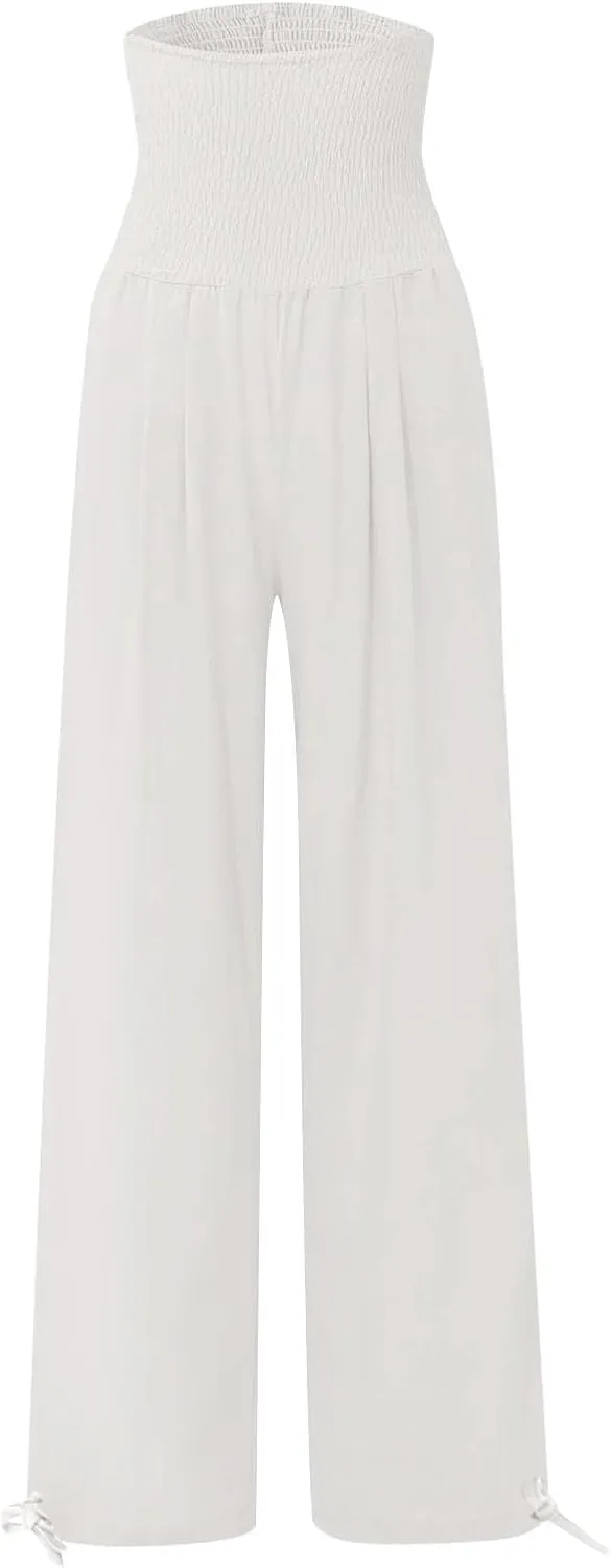Linen Pants Women Tall High Waist Wide Leg Palazzo Boho Flowy Pants Summer Beach Vacation Lounge Trouser with Pockets