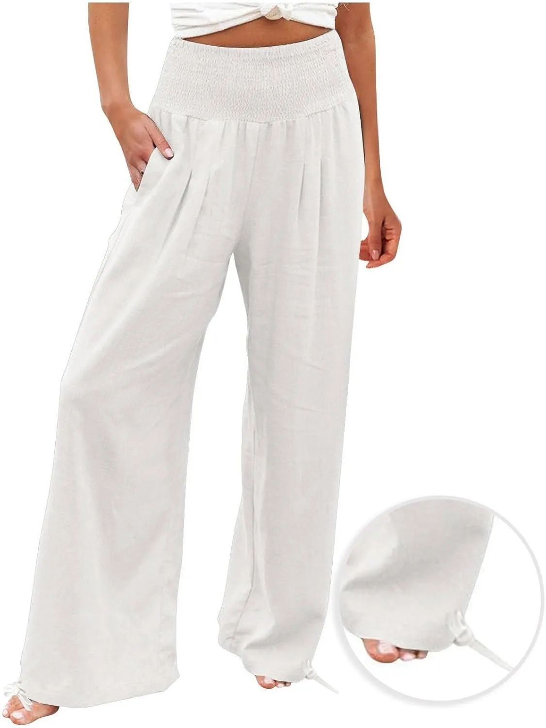 Linen Pants Women Tall High Waist Wide Leg Palazzo Boho Flowy Pants Summer Beach Vacation Lounge Trouser with Pockets