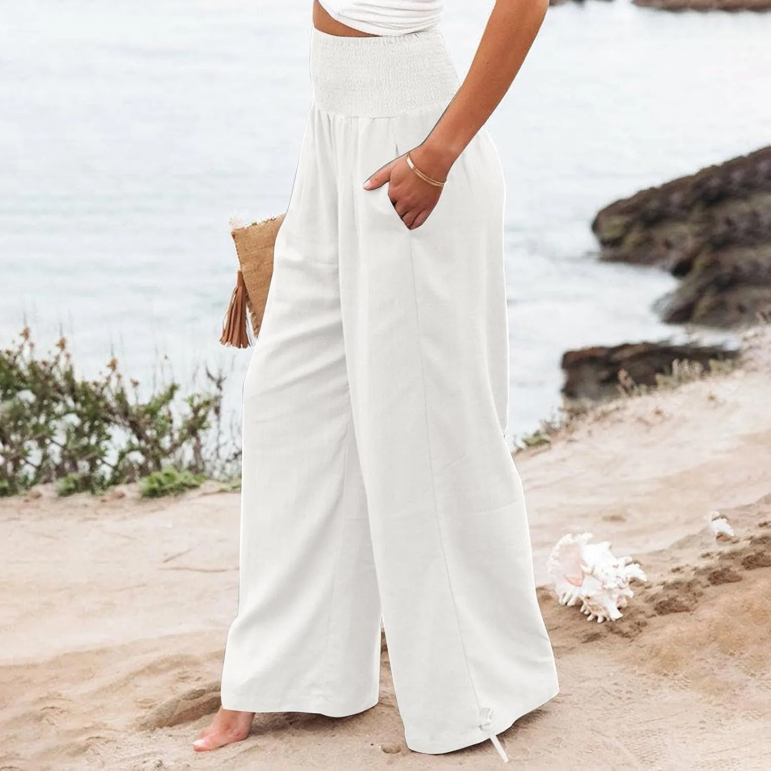 Linen Pants Women Tall High Waist Wide Leg Palazzo Boho Flowy Pants Summer Beach Vacation Lounge Trouser with Pockets