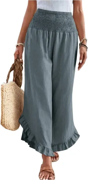 Linen Pants Women Wide Leg Smocked Waist Ruffle Hem Summer Palazzo Baggy Casual Boho Flowy Beach Trouser with Pockets