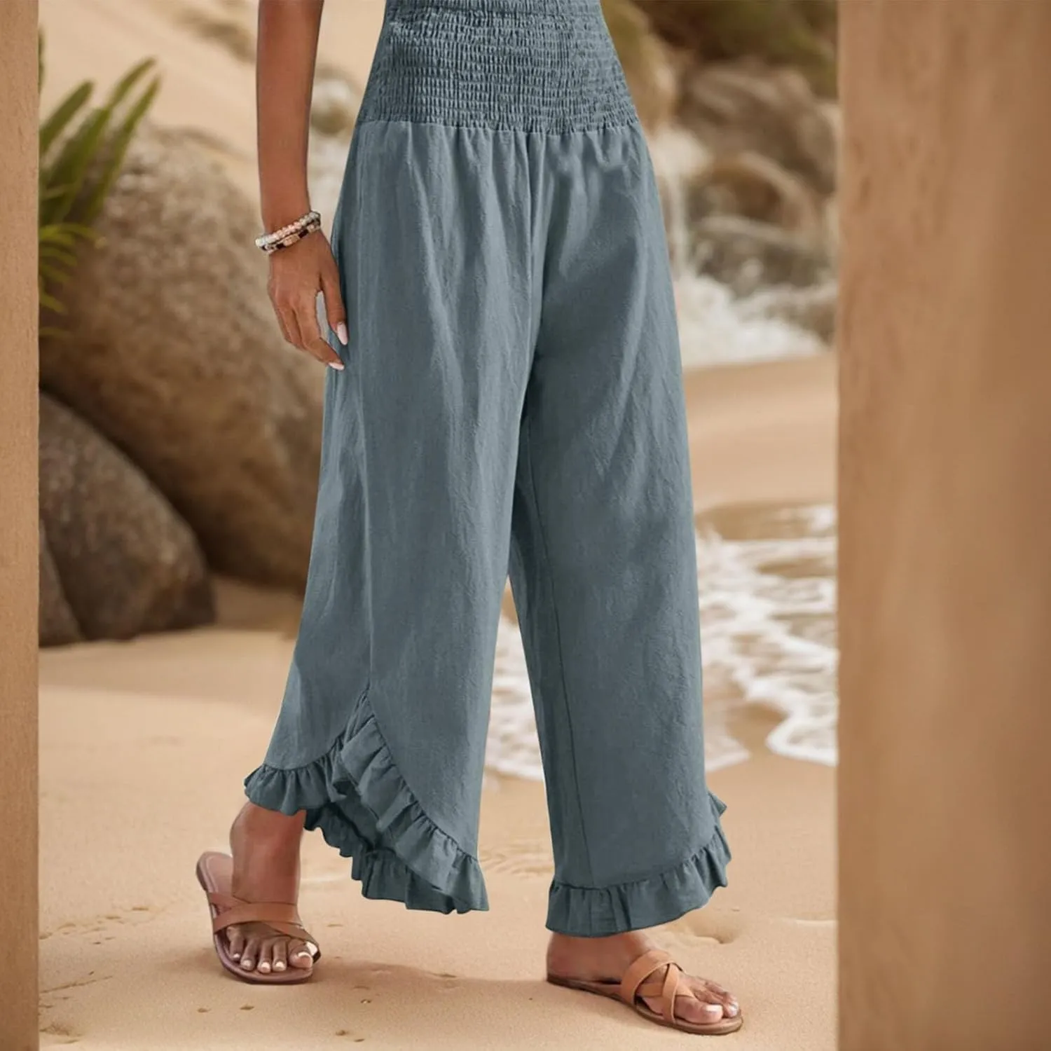 Linen Pants Women Wide Leg Smocked Waist Ruffle Hem Summer Palazzo Baggy Casual Boho Flowy Beach Trouser with Pockets