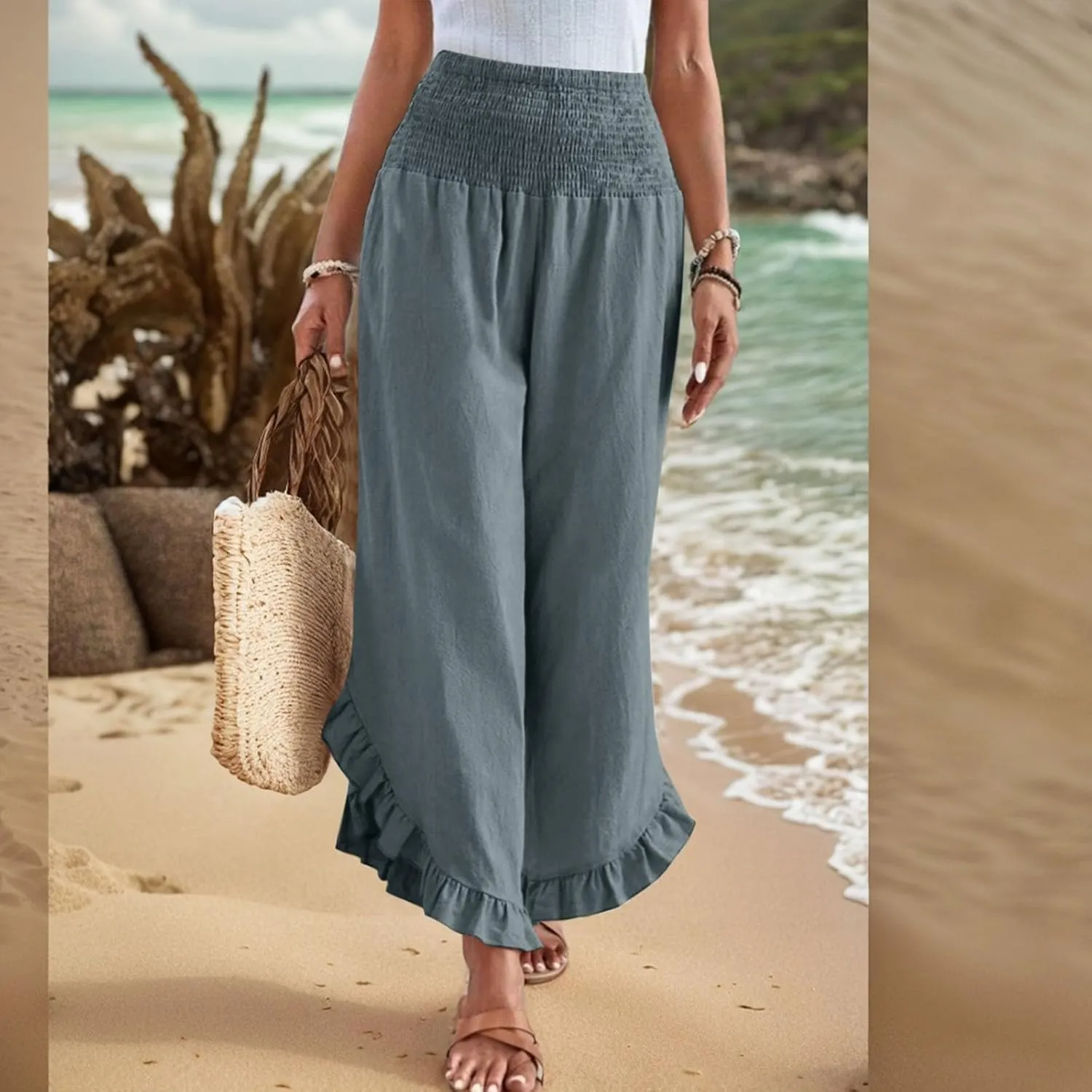 Linen Pants Women Wide Leg Smocked Waist Ruffle Hem Summer Palazzo Baggy Casual Boho Flowy Beach Trouser with Pockets