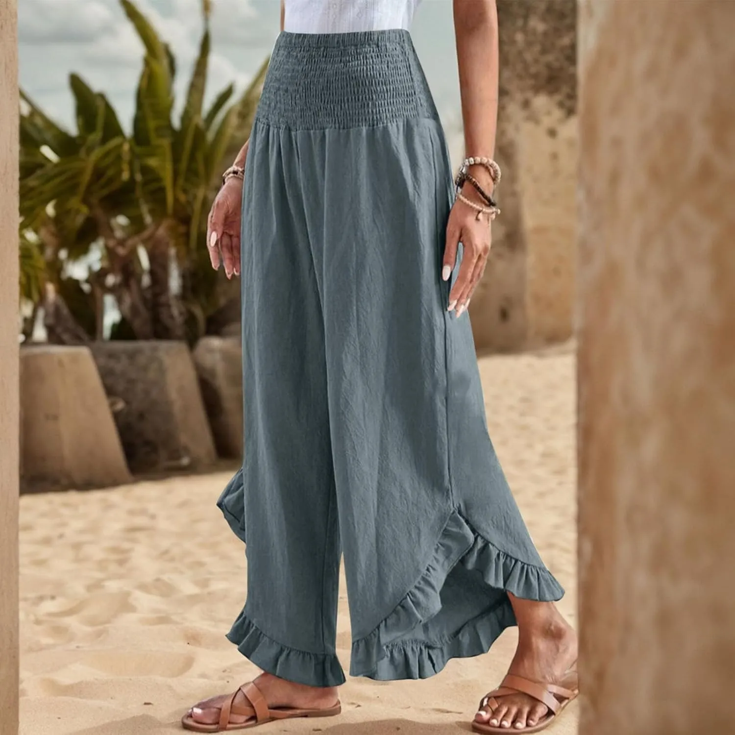 Linen Pants Women Wide Leg Smocked Waist Ruffle Hem Summer Palazzo Baggy Casual Boho Flowy Beach Trouser with Pockets