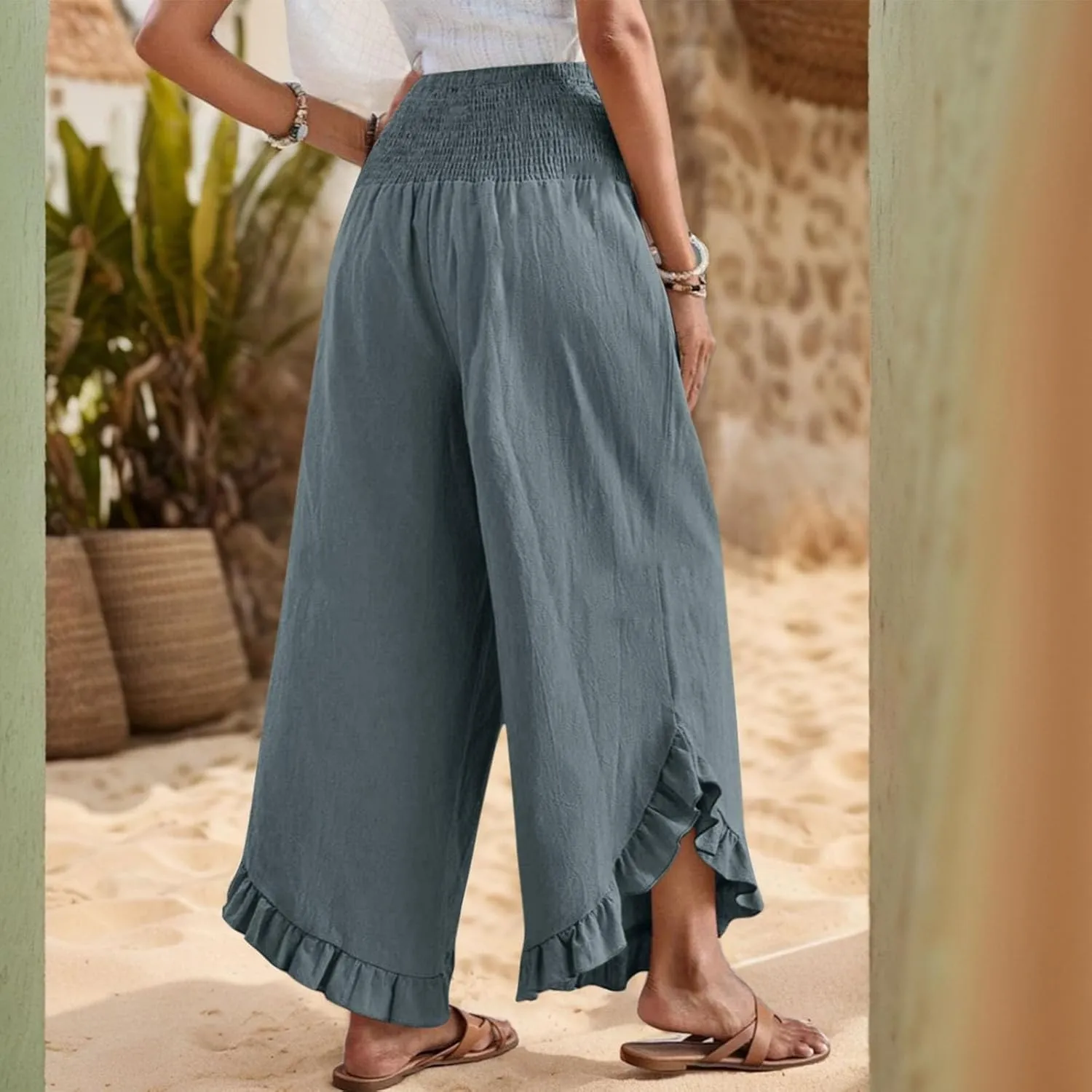 Linen Pants Women Wide Leg Smocked Waist Ruffle Hem Summer Palazzo Baggy Casual Boho Flowy Beach Trouser with Pockets