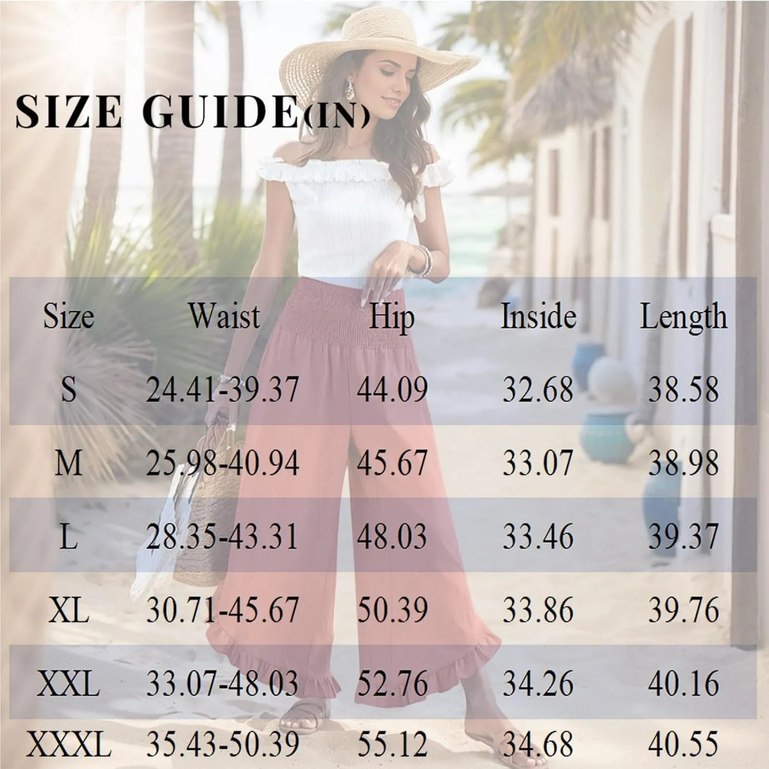 Linen Pants Women Wide Leg Smocked Waist Ruffle Hem Summer Palazzo Baggy Casual Boho Flowy Beach Trouser with Pockets