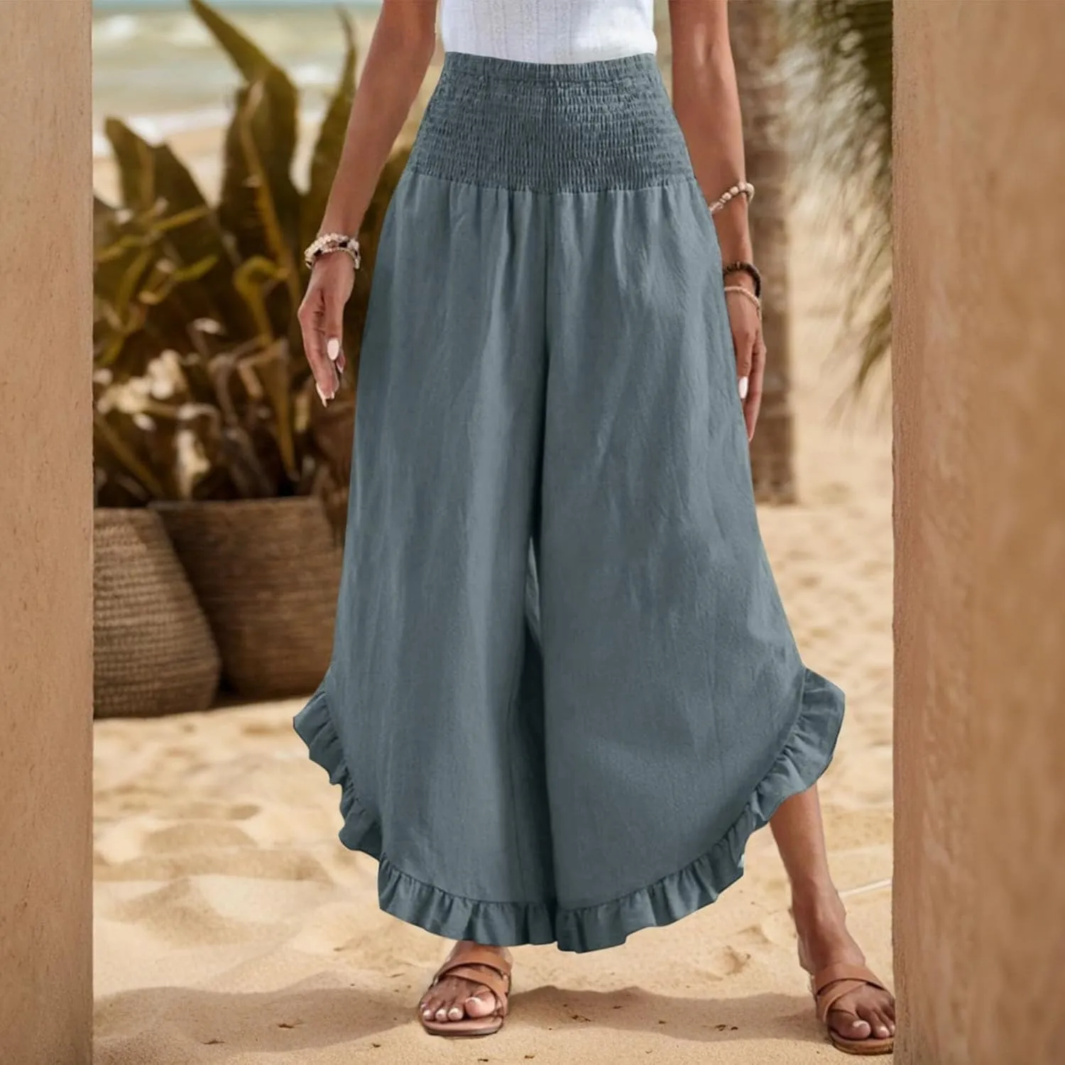 Linen Pants Women Wide Leg Smocked Waist Ruffle Hem Summer Palazzo Baggy Casual Boho Flowy Beach Trouser with Pockets