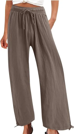 Linen Pants Women's Summer Drawstring Waist Wide Leg Pant Loose Cotton Linen Palazzo Slacks Casual Beach Long Trousers