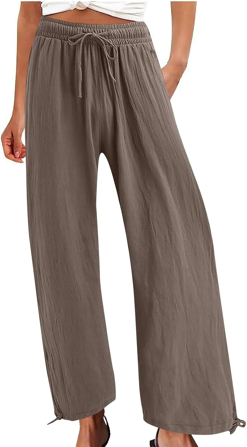 Linen Pants Women's Summer Drawstring Waist Wide Leg Pant Loose Cotton Linen Palazzo Slacks Casual Beach Long Trousers