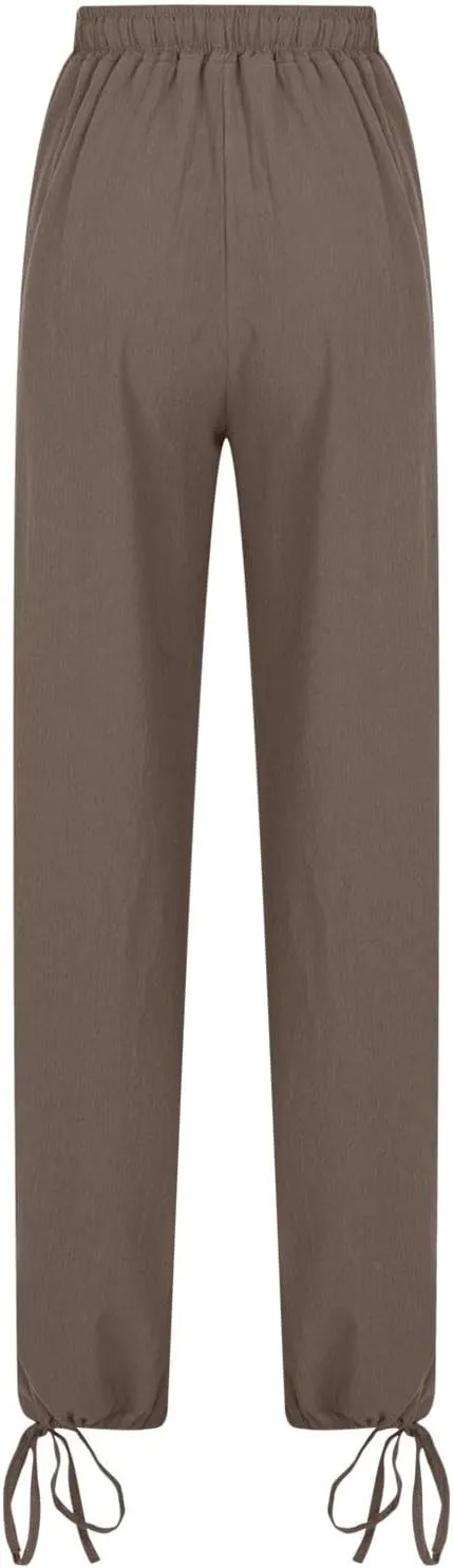 Linen Pants Women's Summer Drawstring Waist Wide Leg Pant Loose Cotton Linen Palazzo Slacks Casual Beach Long Trousers