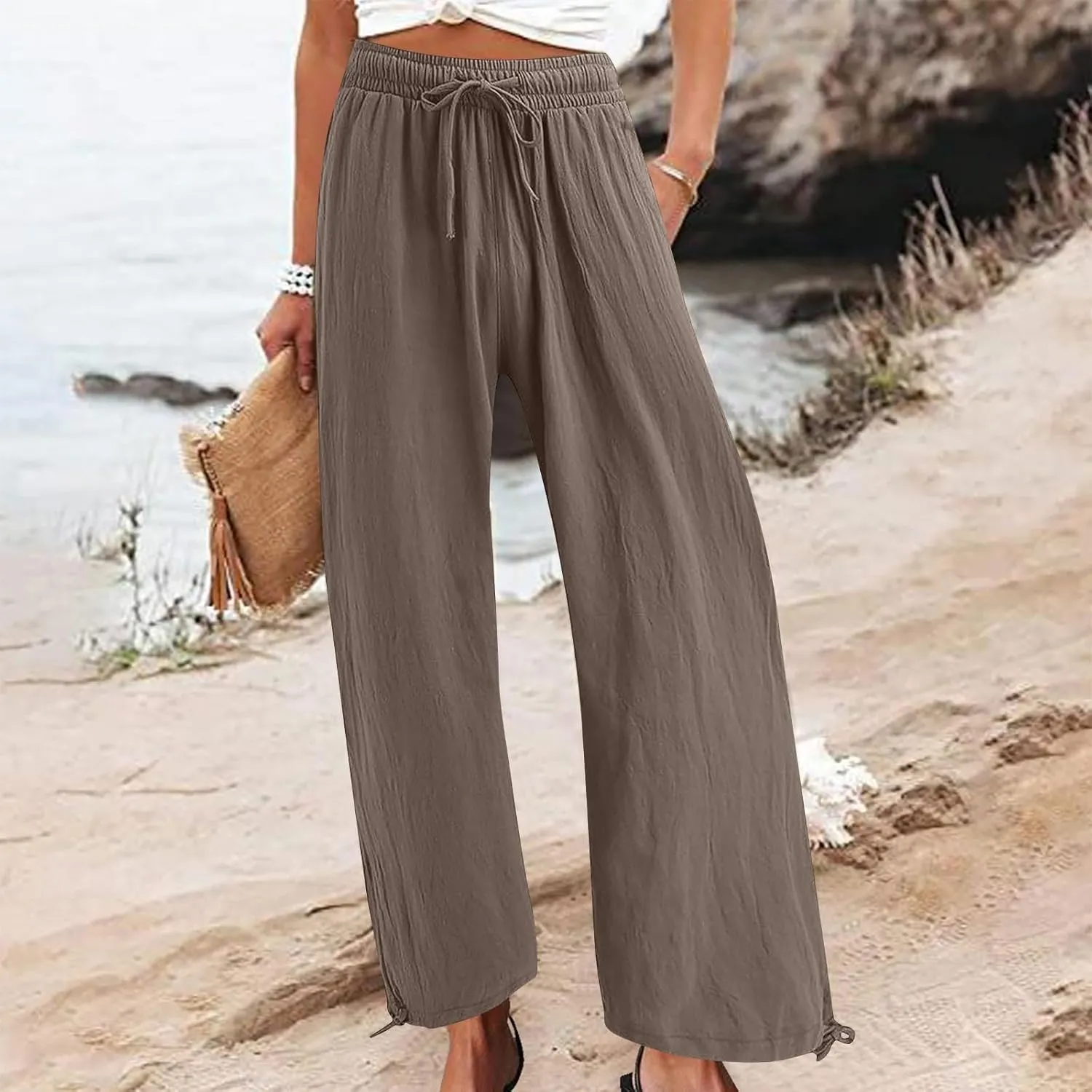 Linen Pants Women's Summer Drawstring Waist Wide Leg Pant Loose Cotton Linen Palazzo Slacks Casual Beach Long Trousers