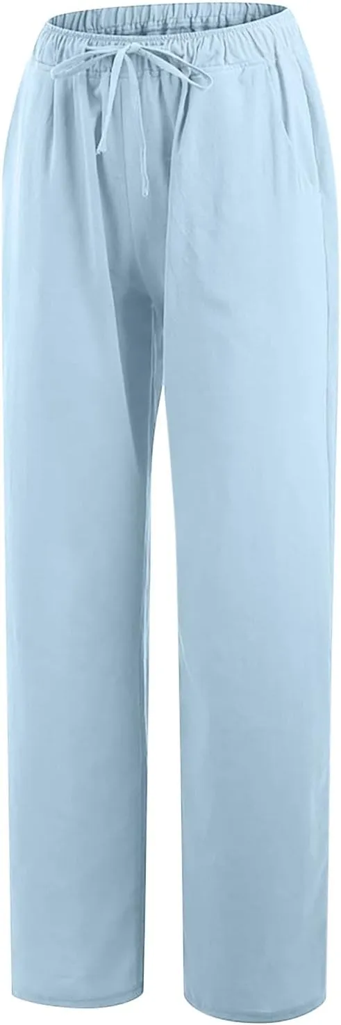 LRMQS Womens Pants Casual Trendy 2024 Spring Drawstring Loose Fit Trouser Lounge Beach Straight Linen Wide Leg Palazzo Outfit