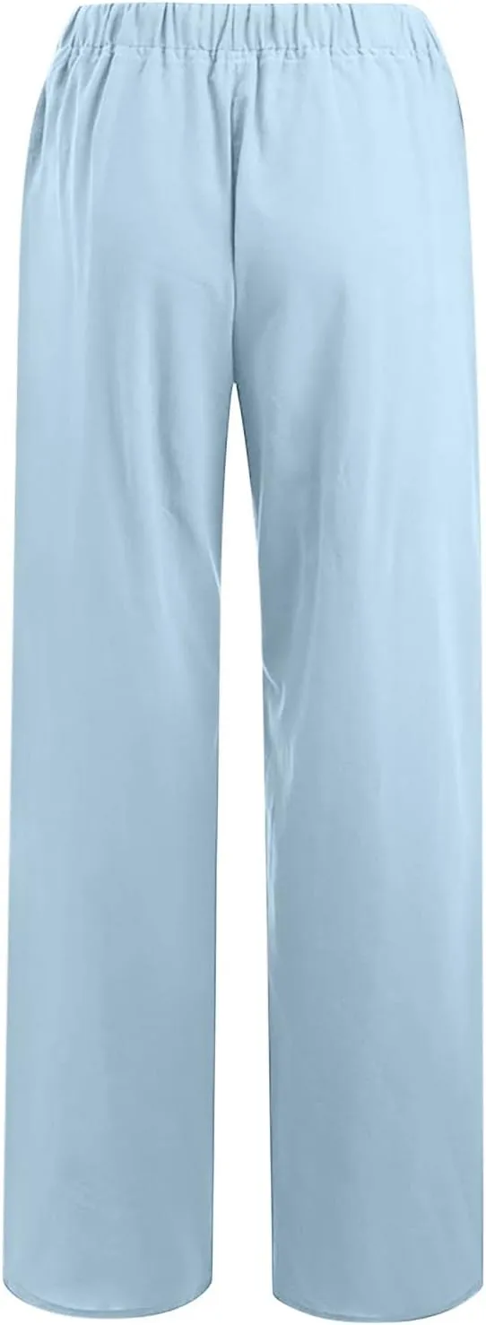 LRMQS Womens Pants Casual Trendy 2024 Spring Drawstring Loose Fit Trouser Lounge Beach Straight Linen Wide Leg Palazzo Outfit