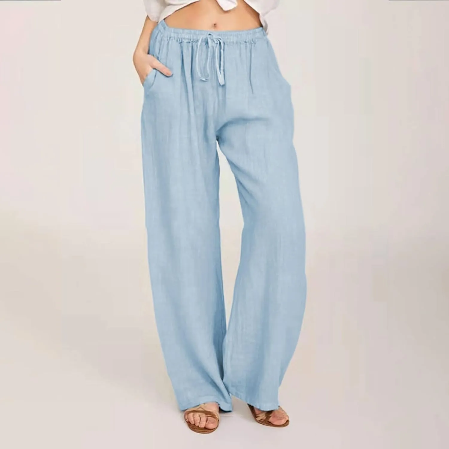LRMQS Womens Pants Casual Trendy 2024 Spring Drawstring Loose Fit Trouser Lounge Beach Straight Linen Wide Leg Palazzo Outfit