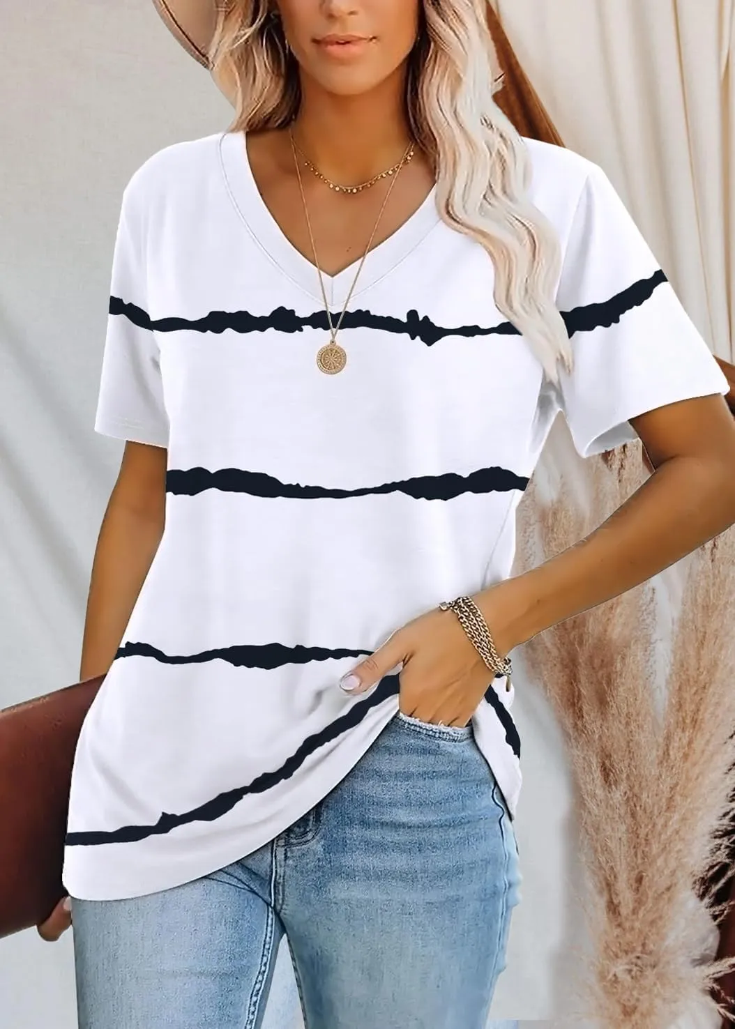 Lunivop Womens Tops Casual V Neck Short Sleeve Solid Color Basic T Shirt