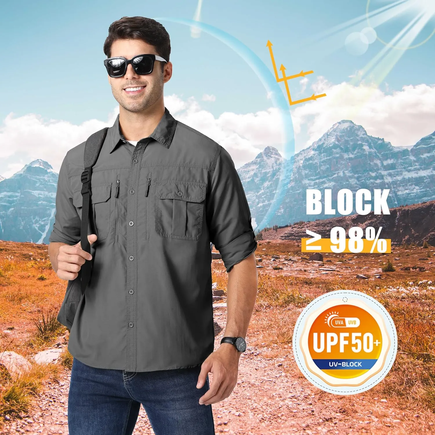 MAGCOMSEN Men's UPF 50  Sun Protection Shirts, Button Down Long Sleeve Shirt for Hiking, Fishing, Safari