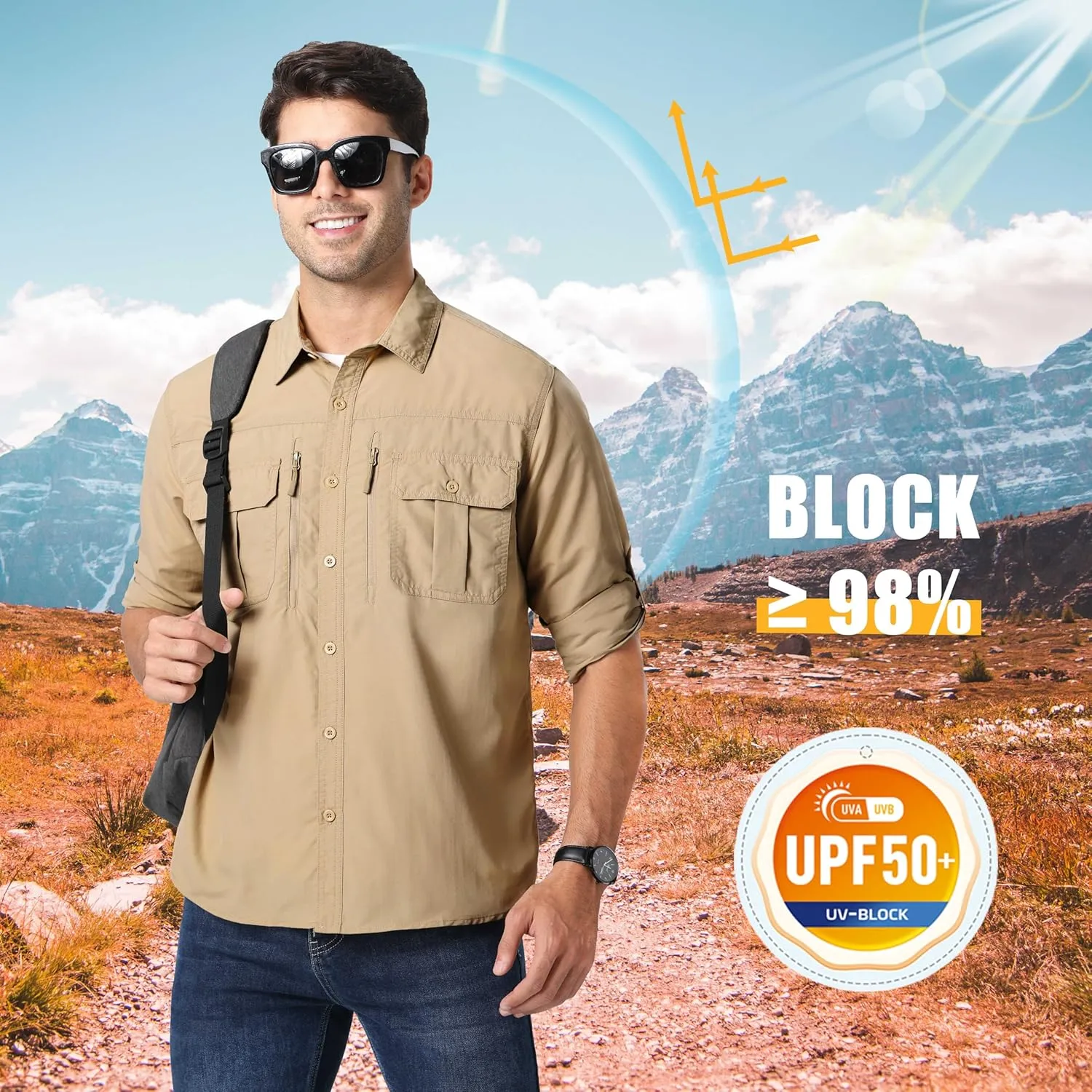 MAGCOMSEN Men's UPF 50  Sun Protection Shirts, Button Down Long Sleeve Shirt for Hiking, Fishing, Safari