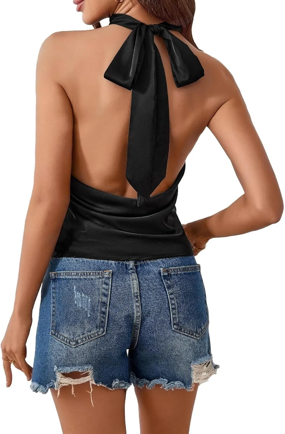 MakeMeChic Women's Halter Tops Satin Silk Backless Sleeveless Summer Camisole Going Out Top