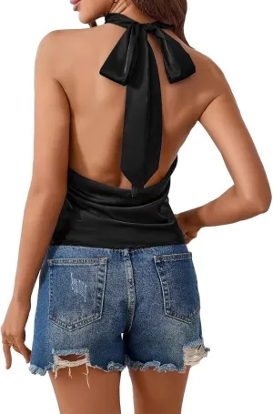 MakeMeChic Women's Halter Tops Satin Silk Backless Sleeveless Summer Camisole Going Out Top