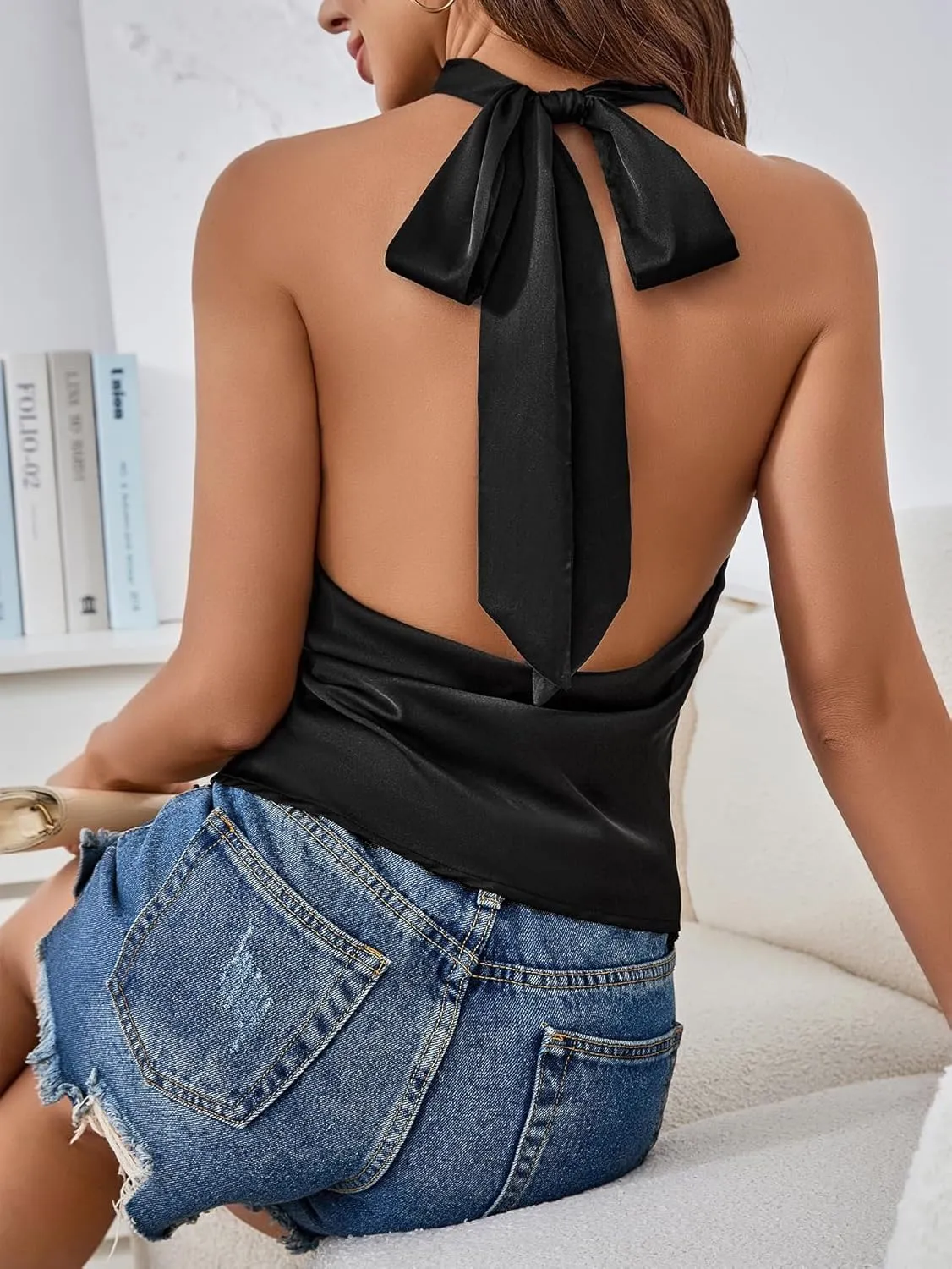 MakeMeChic Women's Halter Tops Satin Silk Backless Sleeveless Summer Camisole Going Out Top