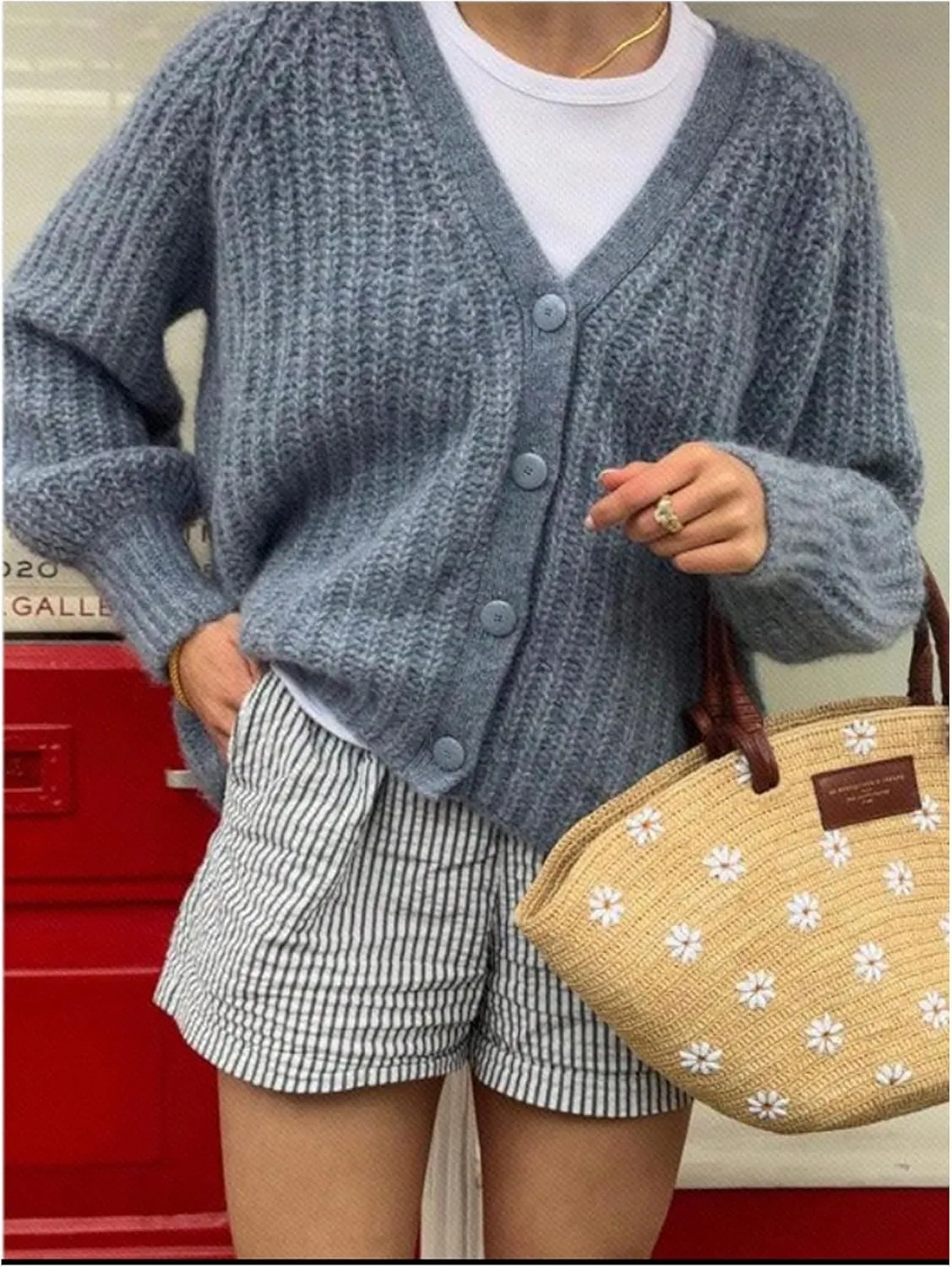 MakeMeChic Women's Round Neck Long Sleeve Button Down Cardigan Sweater Casual Knit Tops