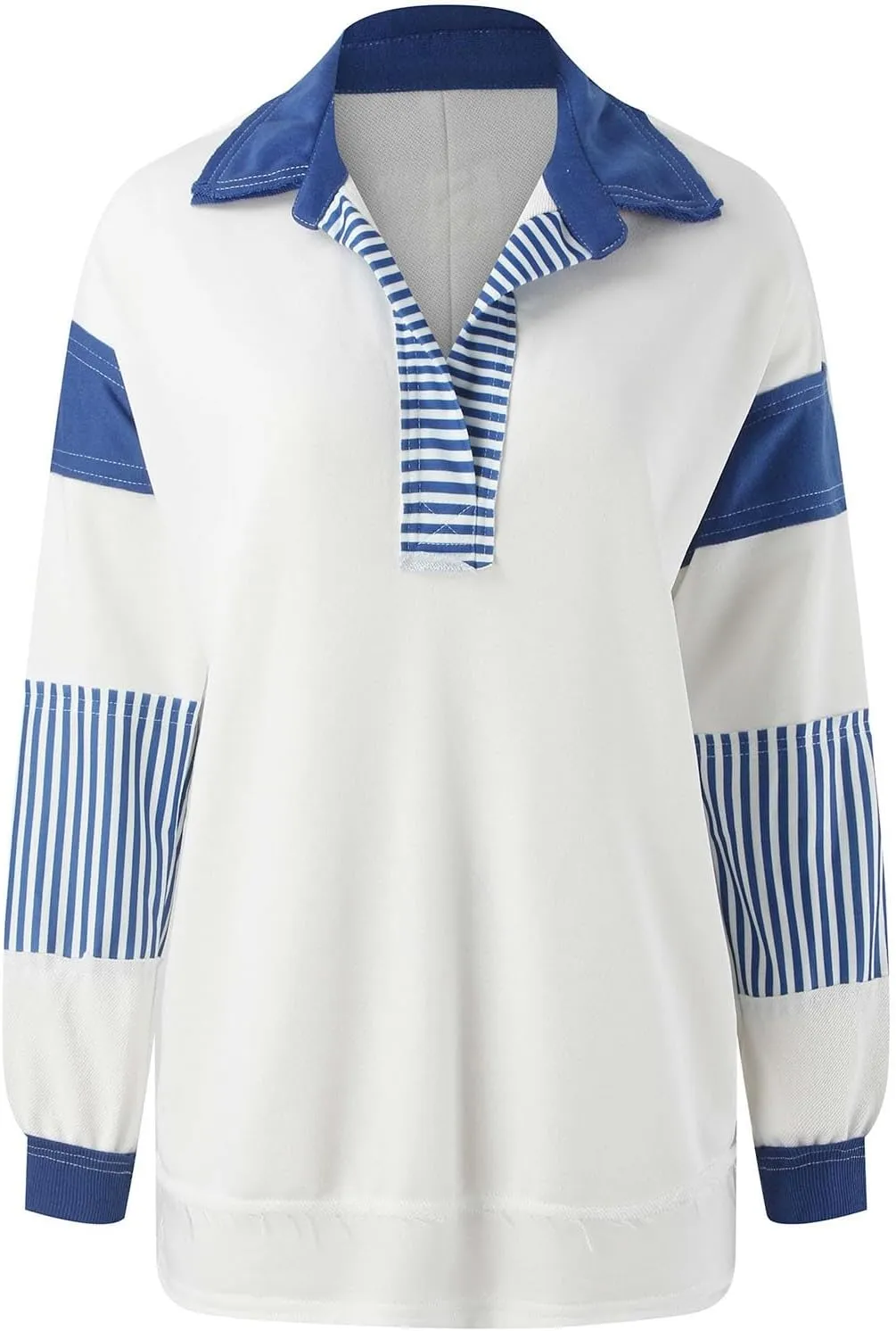 MCILLO Womens Oversized Sweatshirt Lapel Collared V Neck Shirts Pullover Color Block Striped Long Sleeve Tops