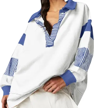 MCILLO Womens Oversized Sweatshirt Lapel Collared V Neck Shirts Pullover Color Block Striped Long Sleeve Tops