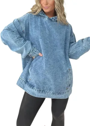 Melliflo Women Denim Hoodie with Pockets Long Sleeve Vintage Acid Wash Shirts Hooded Oversized Sweatshirts Jean Tops