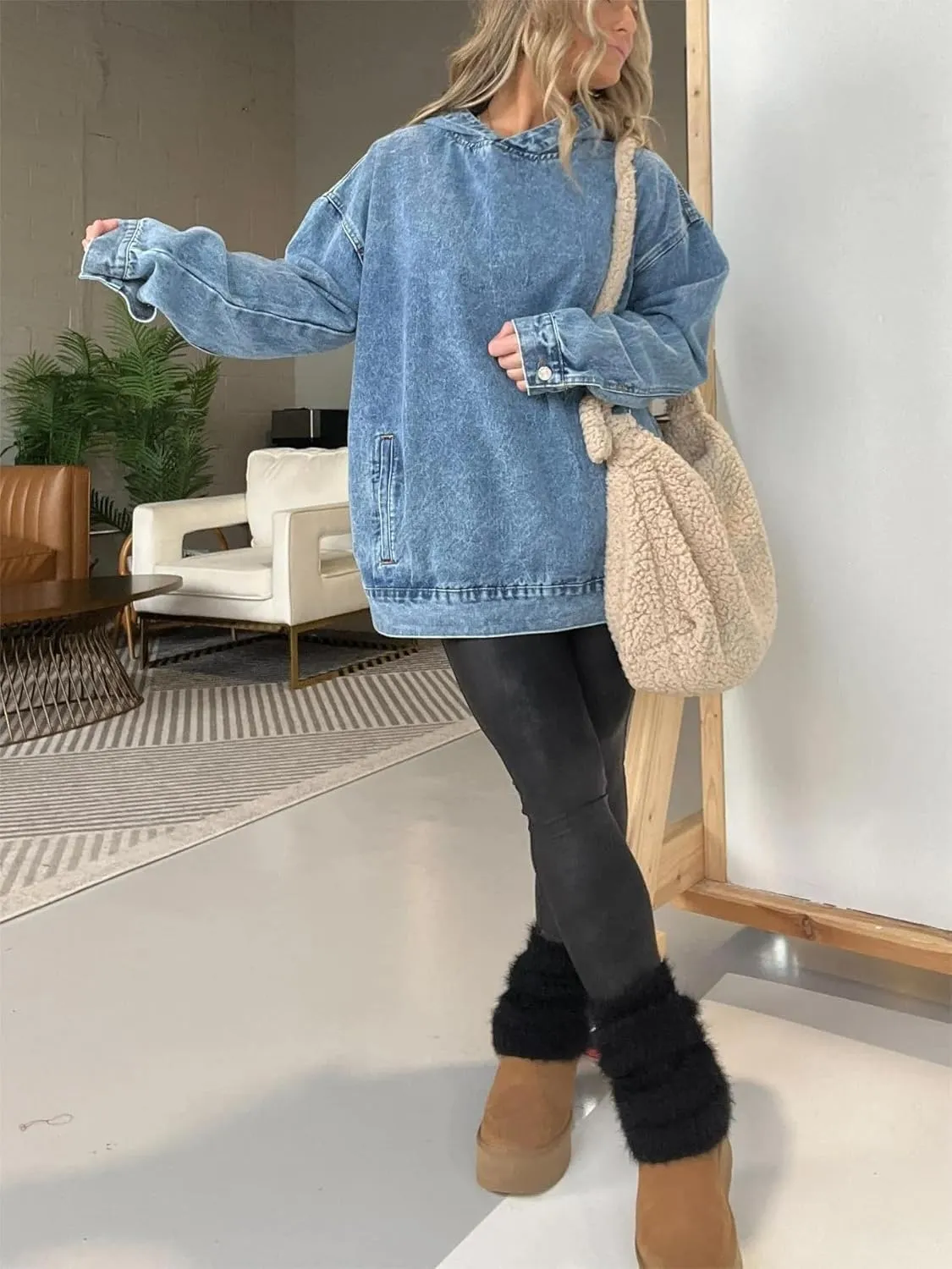 Melliflo Women Denim Hoodie with Pockets Long Sleeve Vintage Acid Wash Shirts Hooded Oversized Sweatshirts Jean Tops