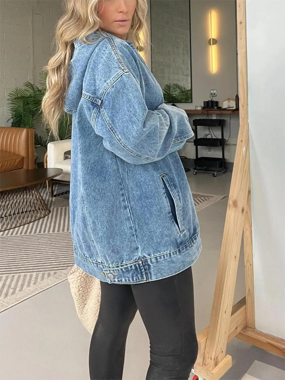 Melliflo Women Denim Hoodie with Pockets Long Sleeve Vintage Acid Wash Shirts Hooded Oversized Sweatshirts Jean Tops